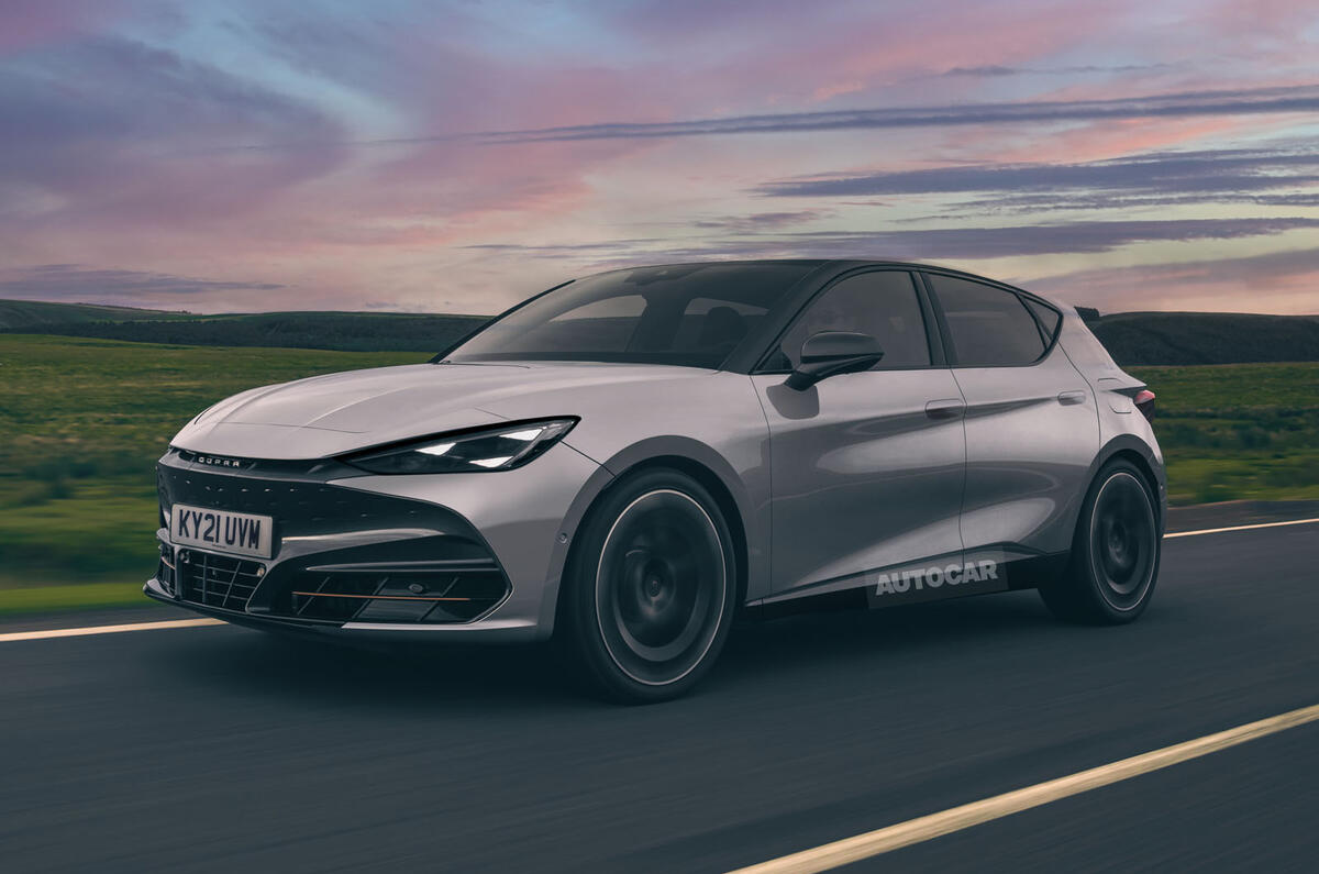 Representación del cupra leon ev autocar con seguimiento del cuarto delantero