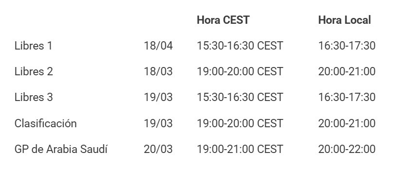 HORARIOS GP ARABIA SAUDI