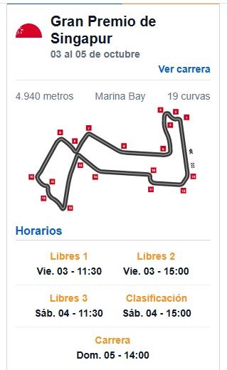HORARIOS GRAN PREMIO DE SINGAPUR